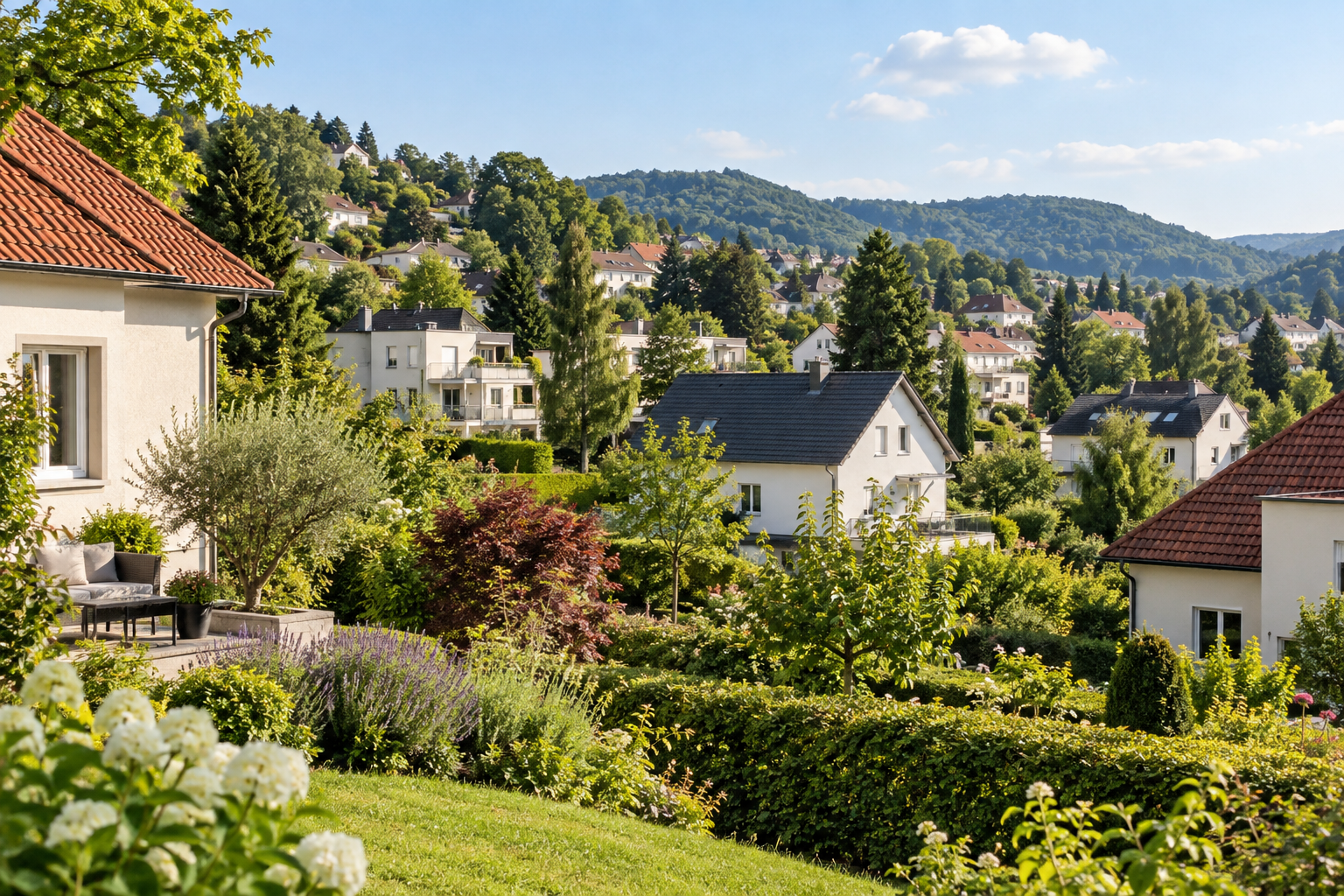 Grünes Wohnviertel mit Häusern am Hang